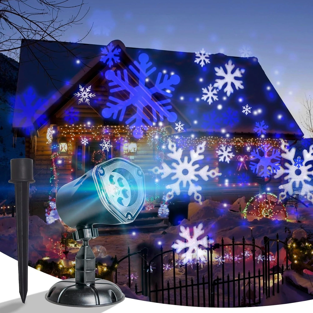 PROYECTOR DE LUCES DE NAVIDAD COPOS DE NIEVE BLANCOS Y AZULES PARA EXTERIORES E INTERIORES