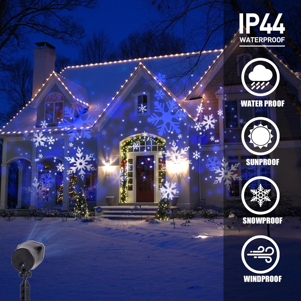 PROYECTOR DE LUCES DE NAVIDAD COPOS DE NIEVE BLANCOS Y AZULES PARA EXTERIORES E INTERIORES