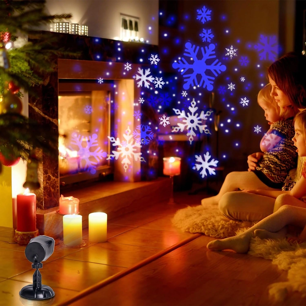 PROYECTOR DE LUCES DE NAVIDAD COPOS DE NIEVE BLANCOS Y AZULES PARA EXTERIORES E INTERIORES