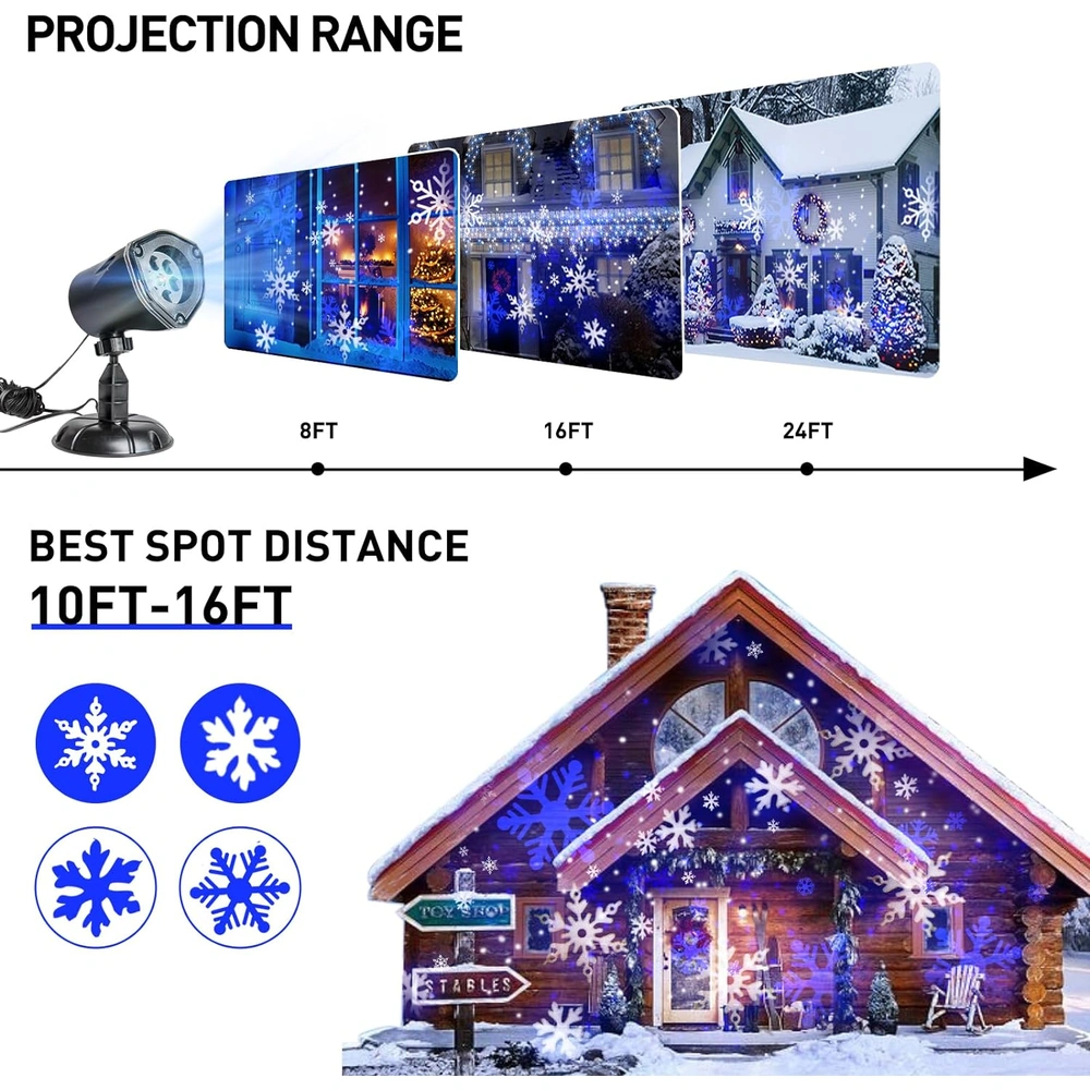 PROYECTOR DE LUCES DE NAVIDAD COPOS DE NIEVE BLANCOS Y AZULES PARA EXTERIORES E INTERIORES