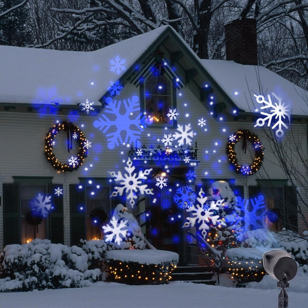 PROYECTOR DE LUCES DE NAVIDAD COPOS DE NIEVE BLANCOS Y AZULES PARA EXTERIORES E INTERIORES