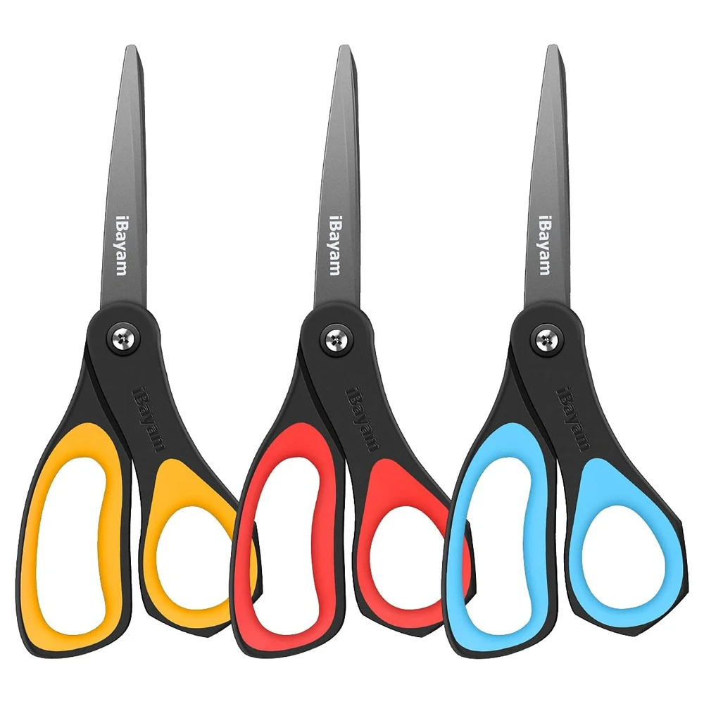 TIJERAS, IBAYAM - PAQUETE DE 3 TIJERAS ANTIADHERENTES MULTIUSOS PARA OFICINA, ESCUELA, HOGAR