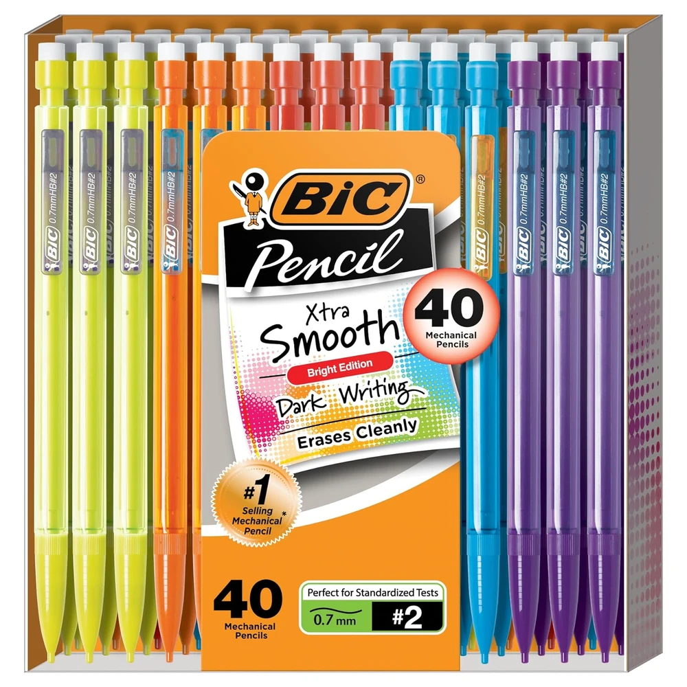 BIC LÁPICES MECÁNICOS XTRA-SMOOTH CON BORRADORES, PUNTA MEDIA DE EDICIÓN BRILLANTE, PAQUETE DE 40 UNIDADES