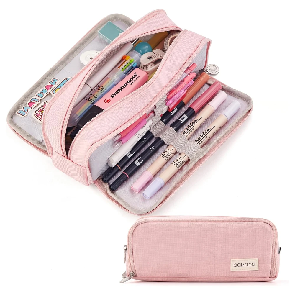 CICIMELON - ESTUCHE DE CAPACIDAD PARA LÁPICES CON 3 COMPARTIMENTOS PARA LA ESCUELA, ADOLESCENTE, NIÑA, HOMBRE Y MUJER - ROSADO