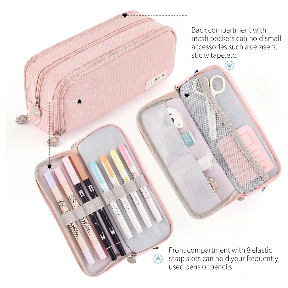CICIMELON - ESTUCHE DE CAPACIDAD PARA LÁPICES CON 3 COMPARTIMENTOS PARA LA ESCUELA, ADOLESCENTE, NIÑA, HOMBRE Y MUJER - ROSADO