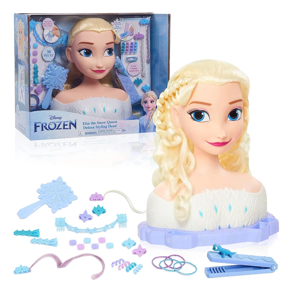 Just Play - Cabeza de Peinado Elsa Deluxe de Disney, Cabello Rubio, Juego de 18 Piezas, Usa Y Comparte Accesorios
