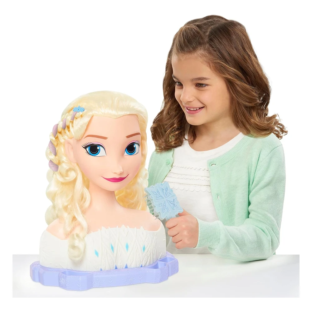 Just Play - Cabeza de Peinado Elsa Deluxe de Disney, Cabello Rubio, Juego de 18 Piezas, Usa Y Comparte Accesorios