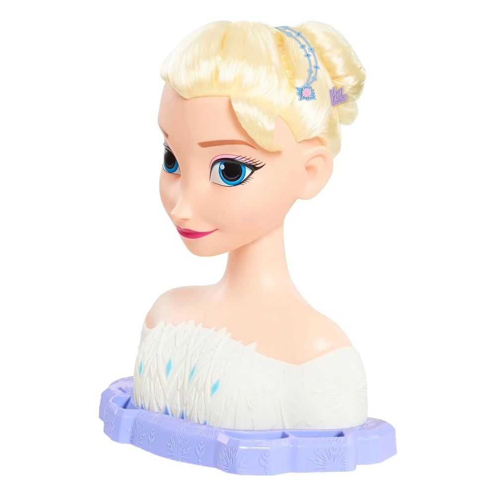 Just Play - Cabeza de Peinado Elsa Deluxe de Disney, Cabello Rubio, Juego de 18 Piezas, Usa Y Comparte Accesorios