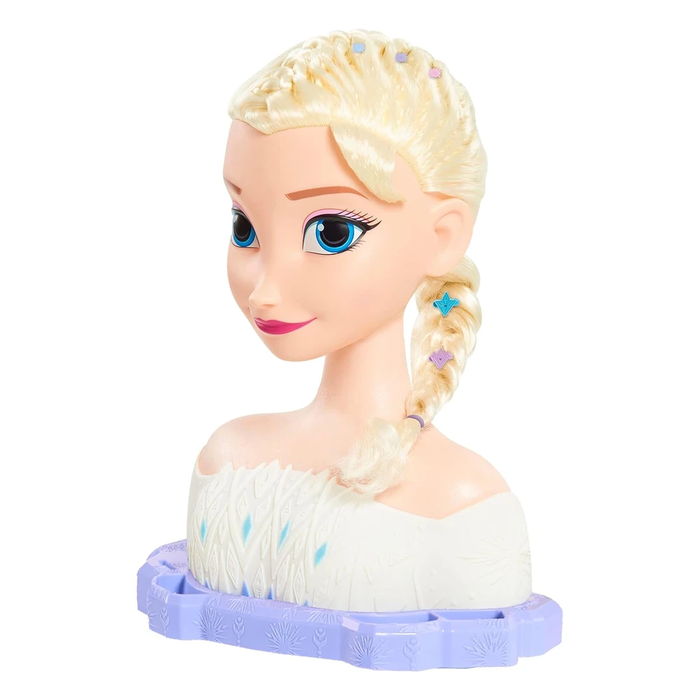 Just Play - Cabeza de Peinado Elsa Deluxe de Disney, Cabello Rubio, Juego de 18 Piezas, Usa Y Comparte Accesorios