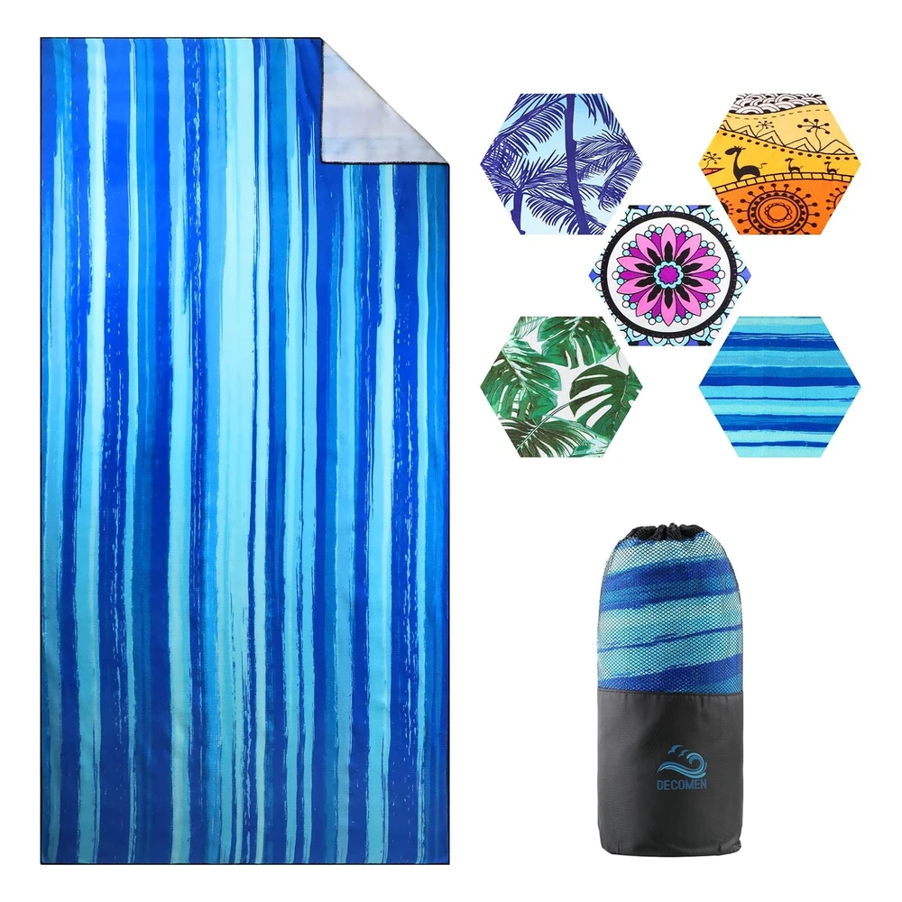 Toallas de Playa de Microfibra, de Gran Tamaño Y Secado Rápido, (73 x 35") Ligera con Estampado de Rayas Azules.