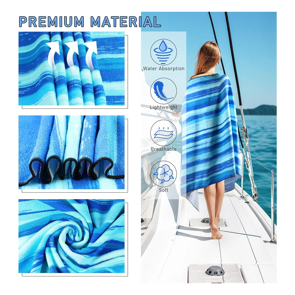 Toallas de Playa de Microfibra, de Gran Tamaño Y Secado Rápido, (73 x 35") Ligera con Estampado de Rayas Azules.