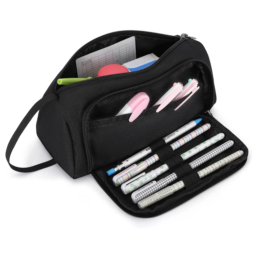 DELLA GAO - ESTUCHE PARA LÁPICES DE GRAN CAPACIDAD, MULTIFUNCIONAL, DE NAILON, UNISEX - NEGRO
