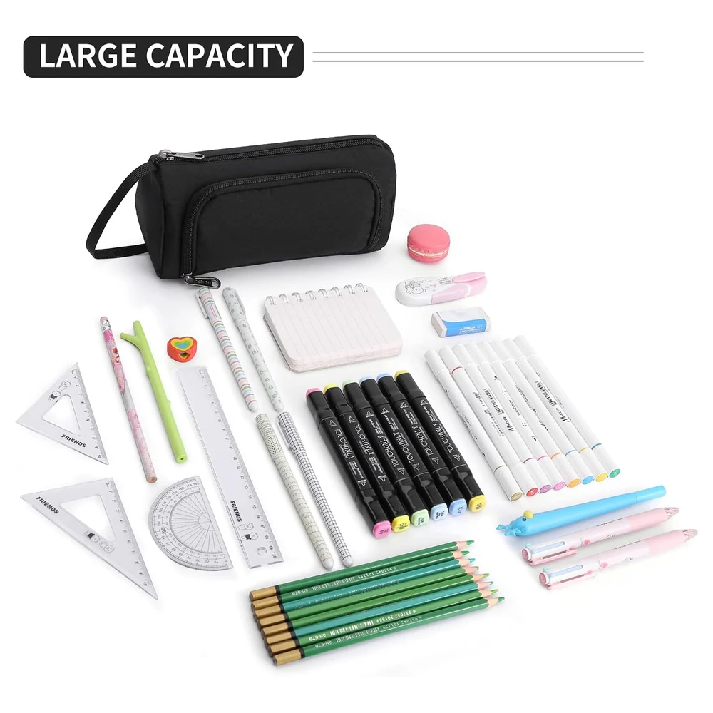 DELLA GAO - ESTUCHE PARA LÁPICES DE GRAN CAPACIDAD, MULTIFUNCIONAL, DE NAILON, UNISEX - NEGRO