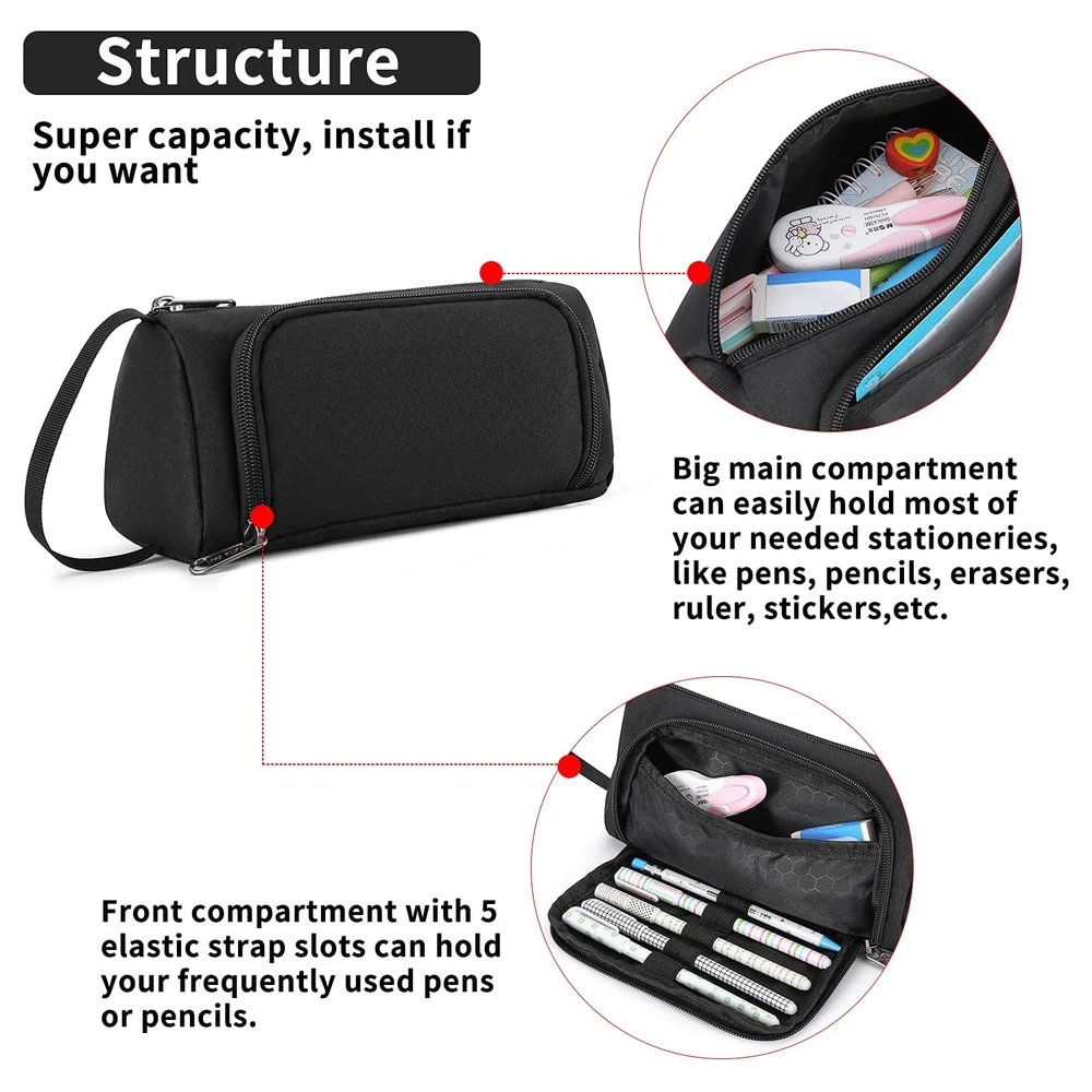 DELLA GAO - ESTUCHE PARA LÁPICES DE GRAN CAPACIDAD, MULTIFUNCIONAL, DE NAILON, UNISEX - NEGRO