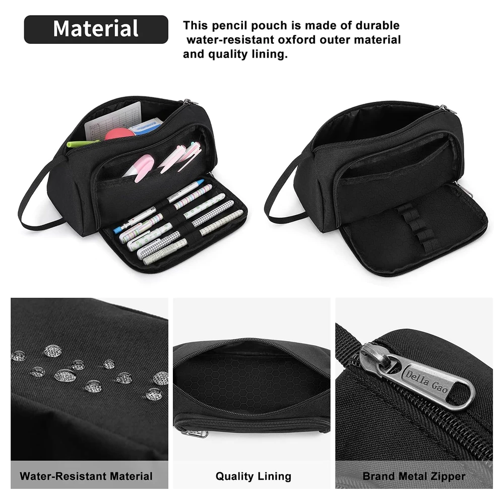 DELLA GAO - ESTUCHE PARA LÁPICES DE GRAN CAPACIDAD, MULTIFUNCIONAL, DE NAILON, UNISEX - NEGRO