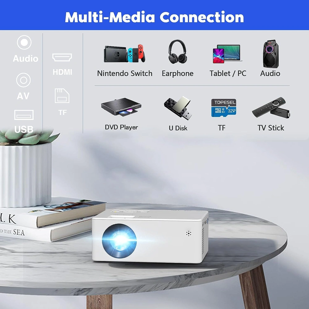 PROYECTOR MINI  DRJ UPGRADE 7500 LUMENS | PANTALLA 100" FULL HD 1080P COMPATIBLE CON TV STICK, HDMI, USB, TF, VGA, AUX, PS4