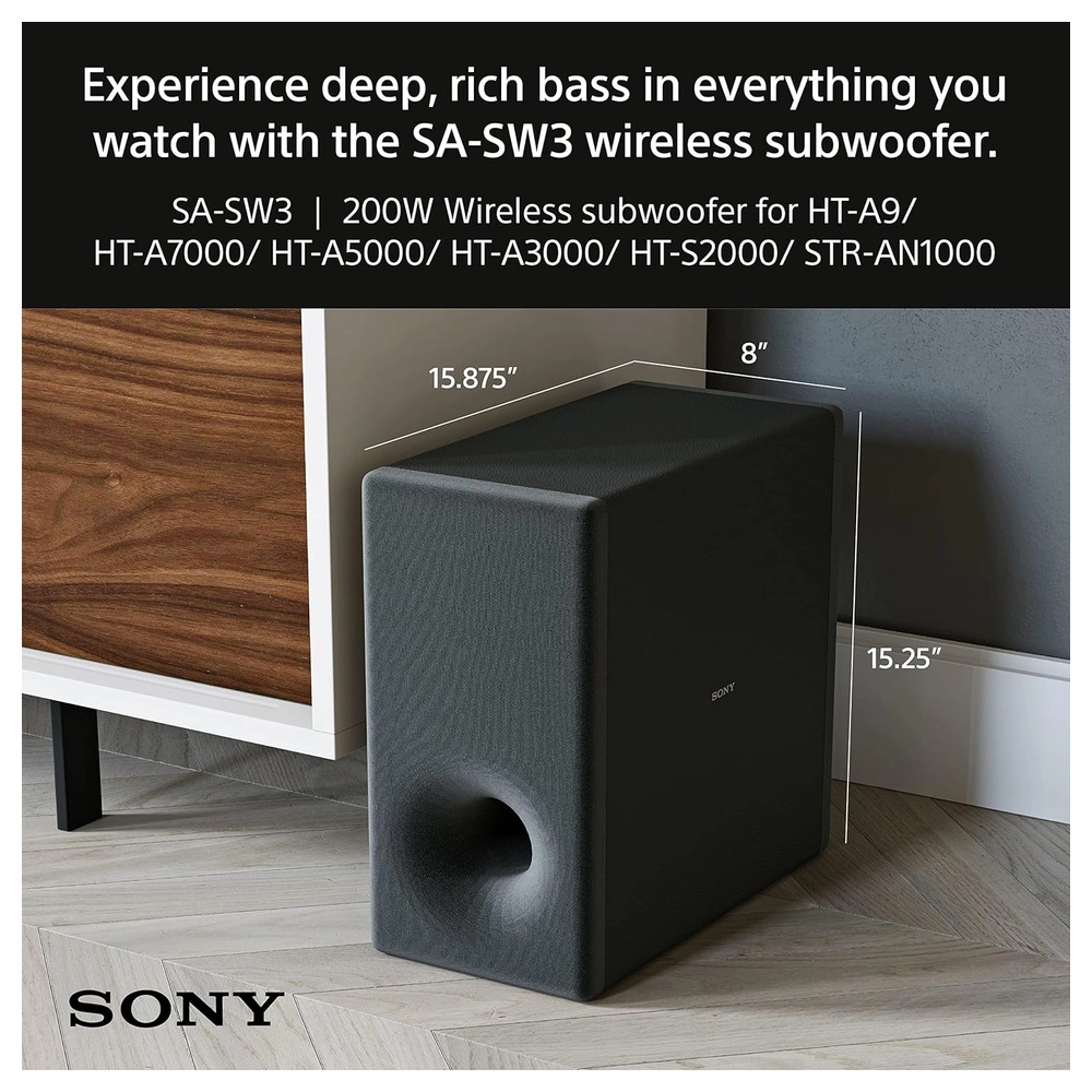 SUBWOOFER SA-SW3 INALÁMBRICO 200W PARA HT-A9/A7000/A5000/A3000/S2000 Y STR-AN1000 SONY | NEGRO