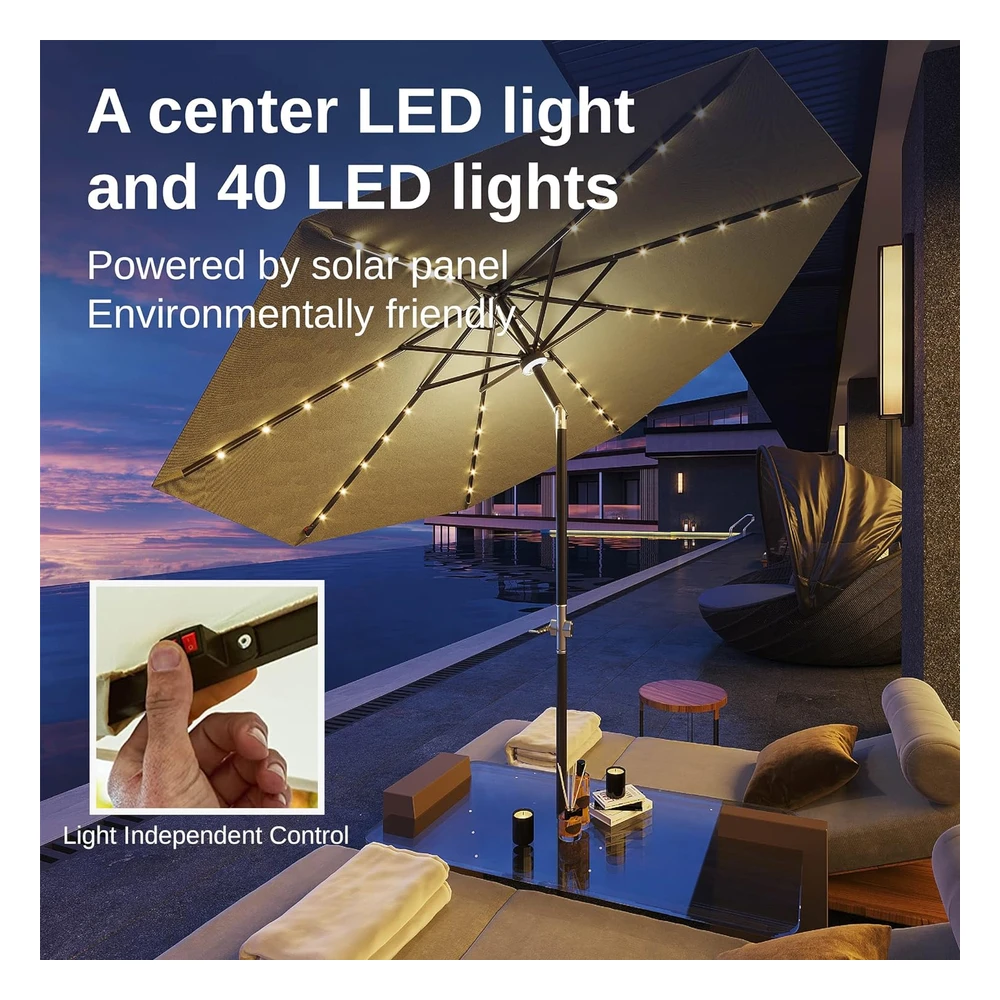 East Oak Sombrilla de Patio de 9 Pies con 40 Luces Led Solares Impermeables Y Resistentes a La Decoloración Uv 30+ Beige