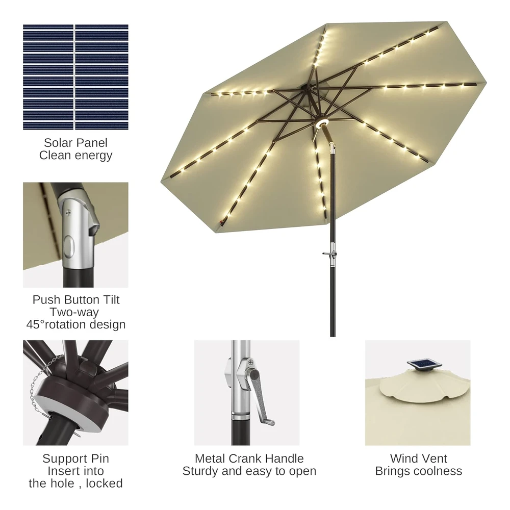 East Oak Sombrilla de Patio de 9 Pies con 40 Luces Led Solares Impermeables Y Resistentes a La Decoloración Uv 30+ Beige