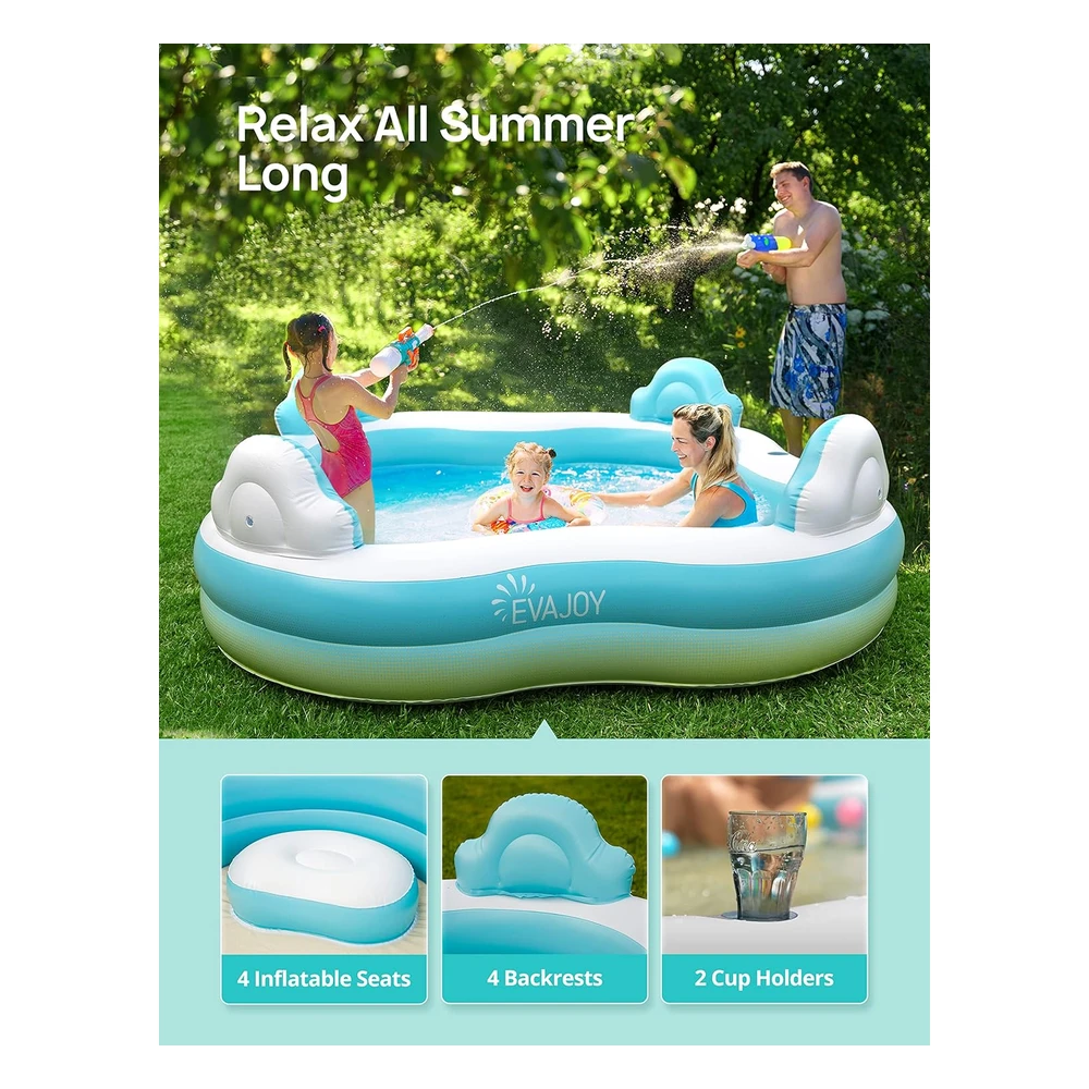 B09VTBYBP2_3.webp Evajoy - Piscina Inflable Para Niños, Adultos, Piscina Sobre El Suelo de Tamaño Familiar con 4 Asientos, 4 Respaldos, Portavasos