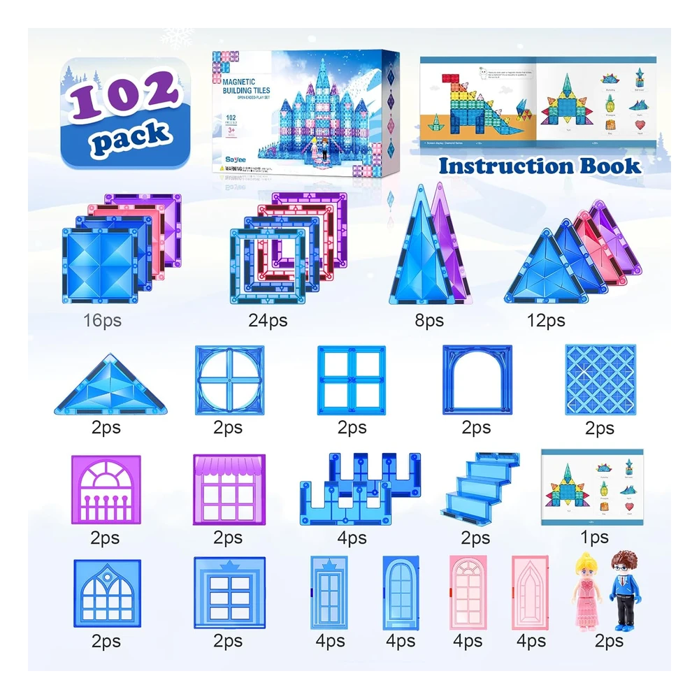 Juguetes de Frozen Para Niñas, Azulejos Magnéticos, 102 Piezas con Muñecas, Castillo de Princesa, Juguetes de Construcción