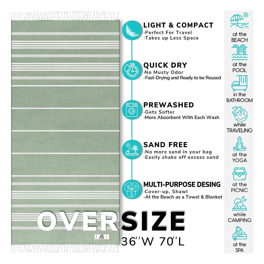 Ephesus Towels Toalla de Playa Turca de Algodón de Gran Tamaño,39 x 71",De Secado Rápido(Verde Manzana, Paquete 1 de Sultán)