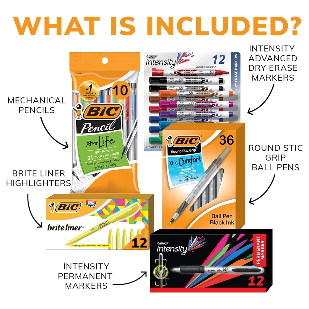B0B9X96SHC_1.webp BIC PAQUETE ESENCIAL DE ESCRITURA PARA AULA, LÁPICES MECÁNICOS, BOLÍGRAFOS NEGROS, RESALTADORES AMARILLOS