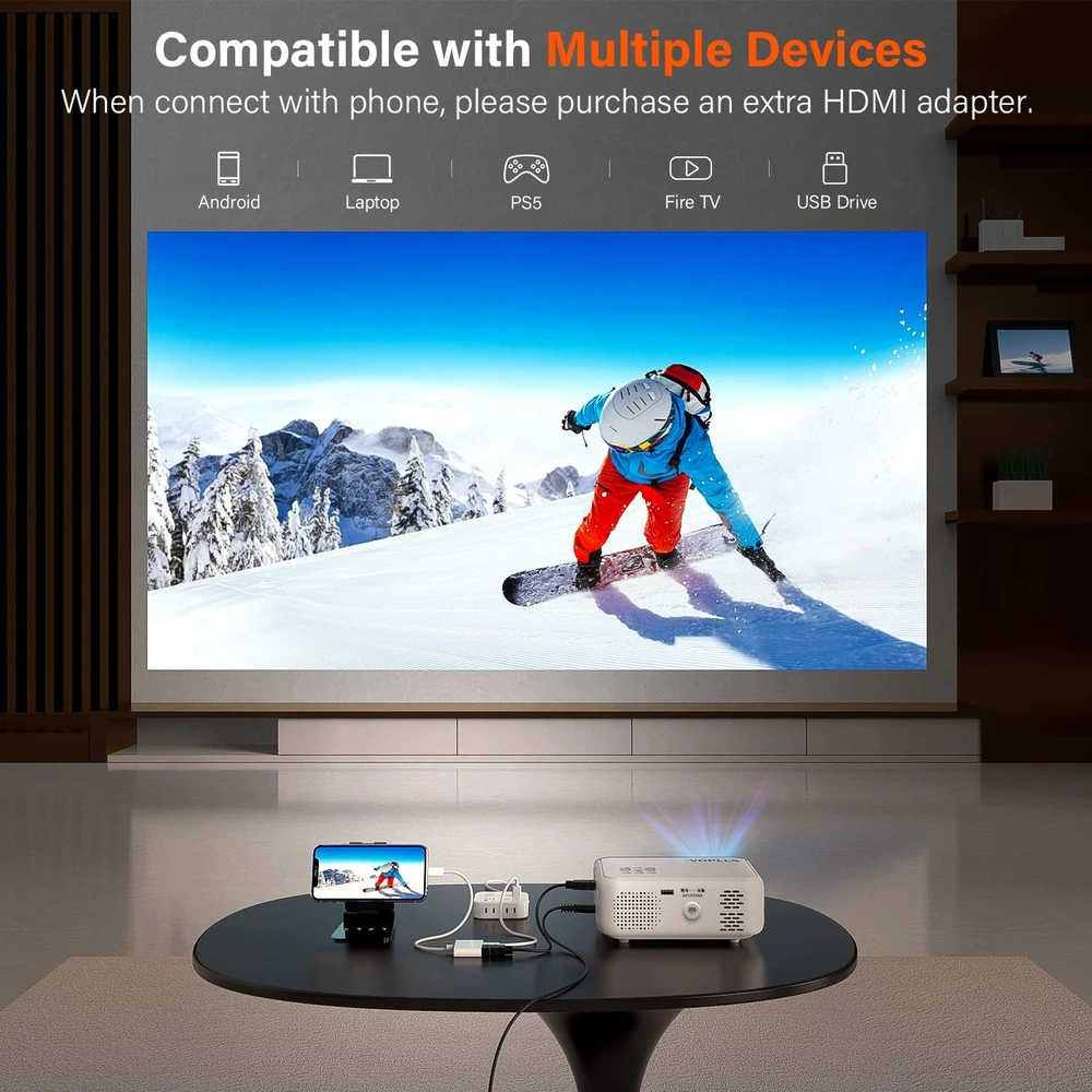 PROYECTOR MINI 1080P FULL HD PARA CINE EN CASA Y USO PORTÁTIL AL AIRE LIBRE, ZOOM 50%, COMPATIBLE CON HDMI / USB / AV