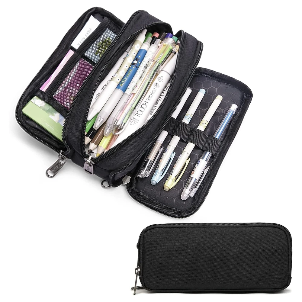 DELLA GAO - ESTUCHE PARA LÁPICES DE GRAN CAPACIDAD, ESTÉTICO, CON 3 COMPARTIMENTOS, DE NAILON - NEGRO