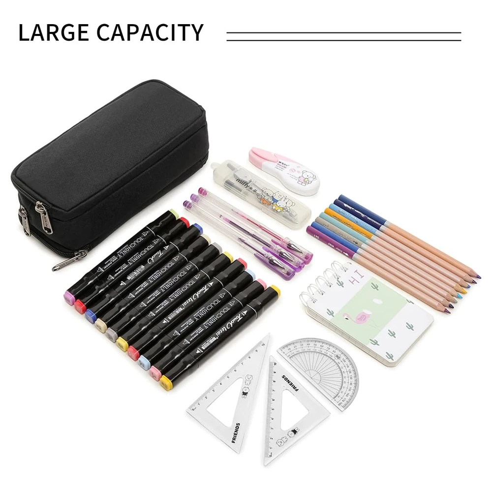 DELLA GAO - ESTUCHE PARA LÁPICES DE GRAN CAPACIDAD, ESTÉTICO, CON 3 COMPARTIMENTOS, DE NAILON - NEGRO