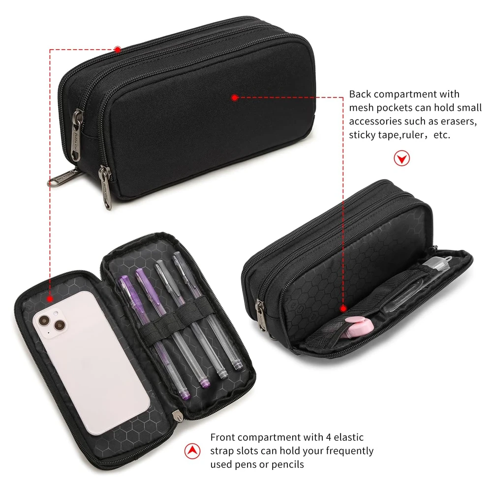 DELLA GAO - ESTUCHE PARA LÁPICES DE GRAN CAPACIDAD, ESTÉTICO, CON 3 COMPARTIMENTOS, DE NAILON - NEGRO