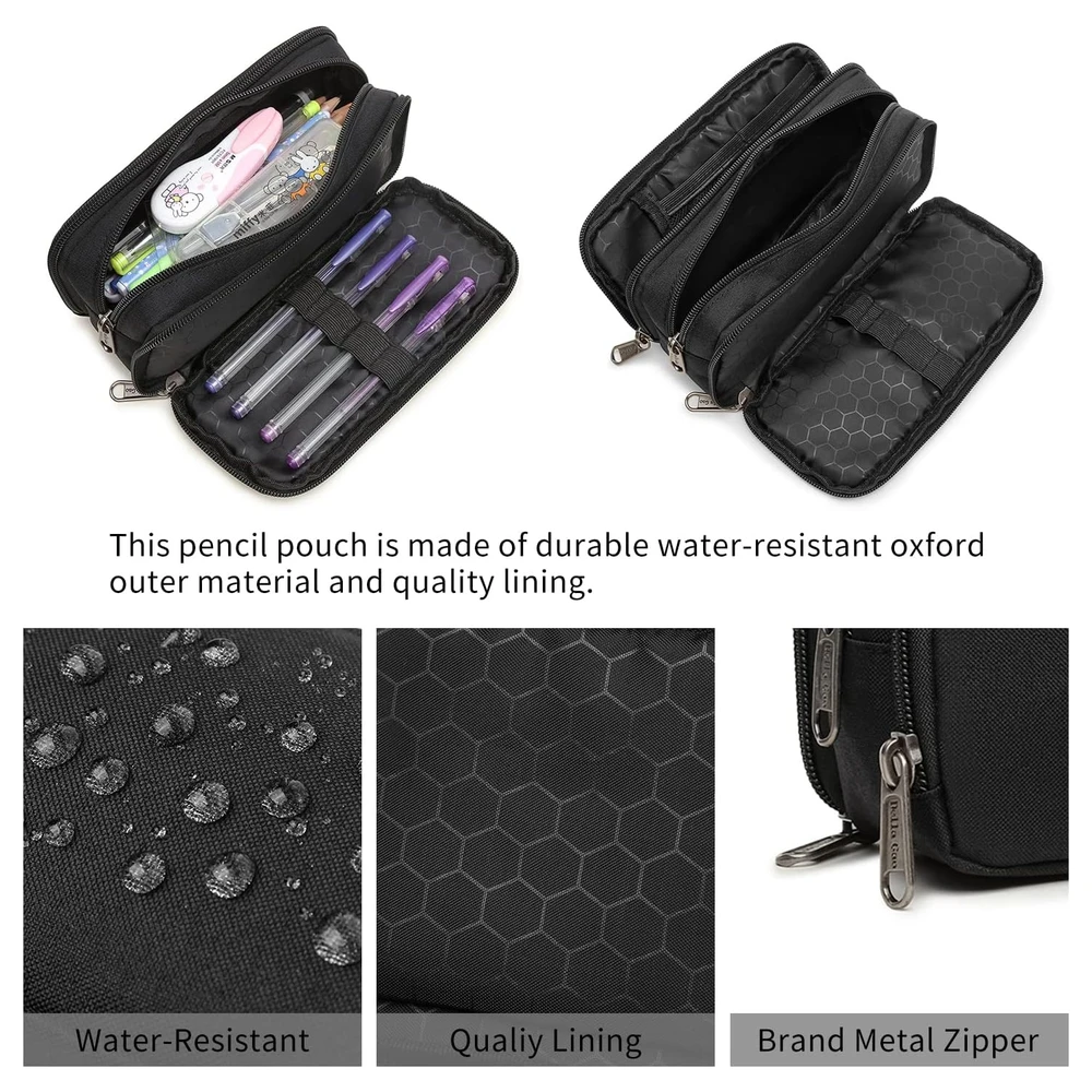 DELLA GAO - ESTUCHE PARA LÁPICES DE GRAN CAPACIDAD, ESTÉTICO, CON 3 COMPARTIMENTOS, DE NAILON - NEGRO