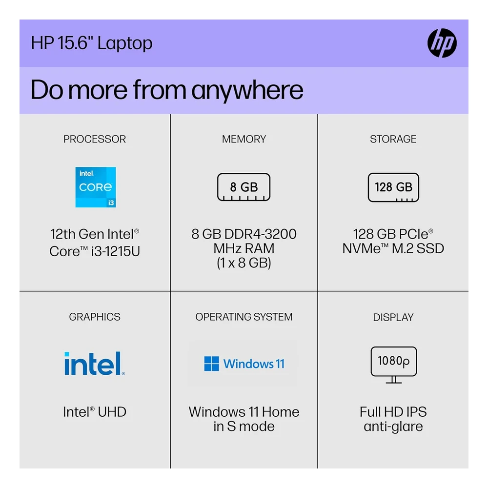 B0BVD8LZQL_2.webp LAPTOP 15" HP PORTÁTIL PANTALLA FHD INTEL CORE I3-1215U 8GB RAM SSD 128GB GRÁFICOS INTEL UHD 2023 - TECLADO INGLÉS