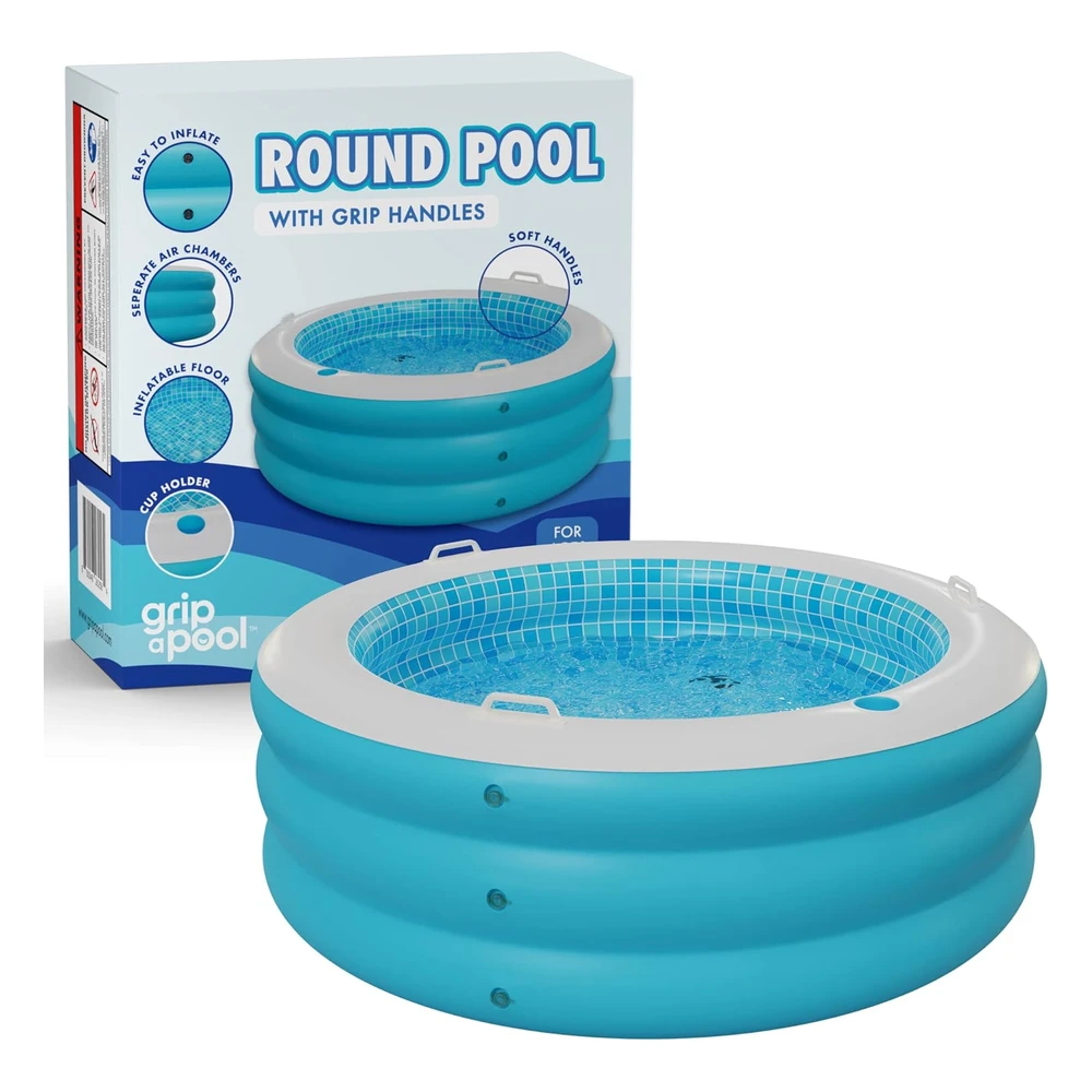 B0C4M47R4L.webp Grip a Pool Piscina Redonda Inflable con Suelo Acolchado Inflable, Portavasos, Asas Y Drenaje,Grande de 60 x 22" de Profundidad