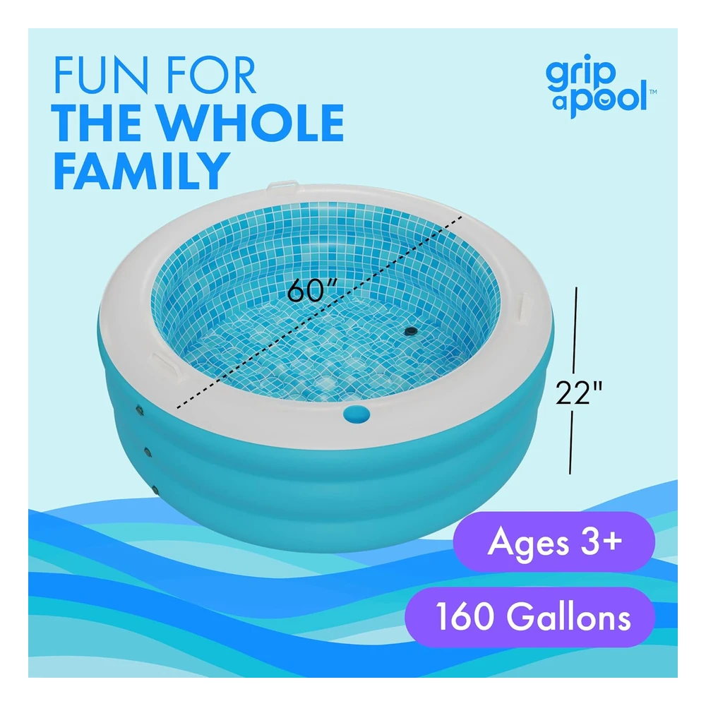 Grip a Pool Piscina Redonda Inflable con Suelo Acolchado Inflable, Portavasos, Asas Y Drenaje,Grande de 60 x 22" de Profundidad