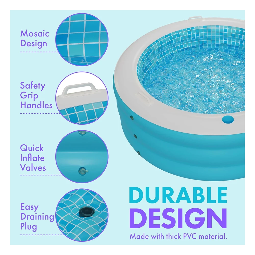 Grip a Pool Piscina Redonda Inflable con Suelo Acolchado Inflable, Portavasos, Asas Y Drenaje,Grande de 60 x 22" de Profundidad