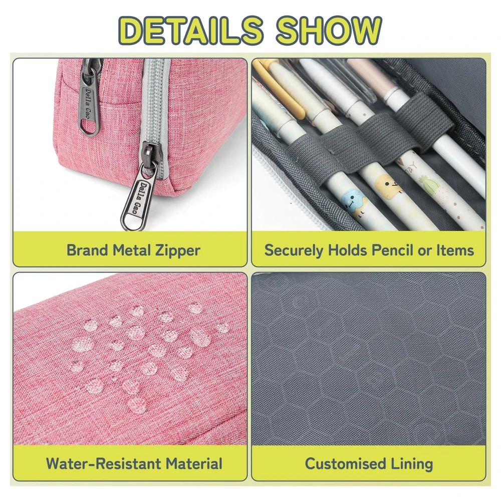 DELLA GAO - ESTUCHE PARA LÁPICES DE GRAN CAPACIDAD, DE NAILON, DURADERO - ROSADO