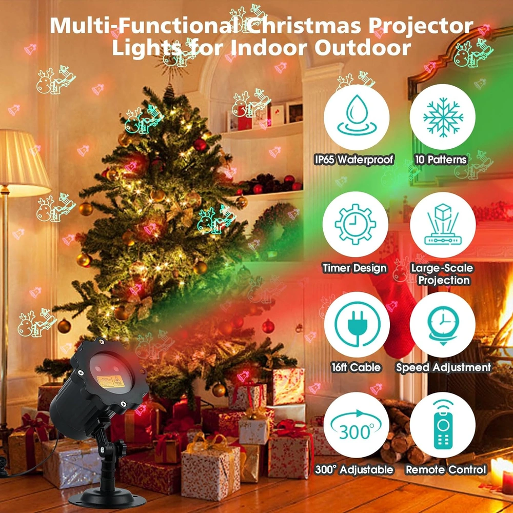 PROYECTOR DE LUCES DE NAVIDAD MEJORADAS CON 10 PATRONES ROJOS Y VERDES IMPERMEABLE