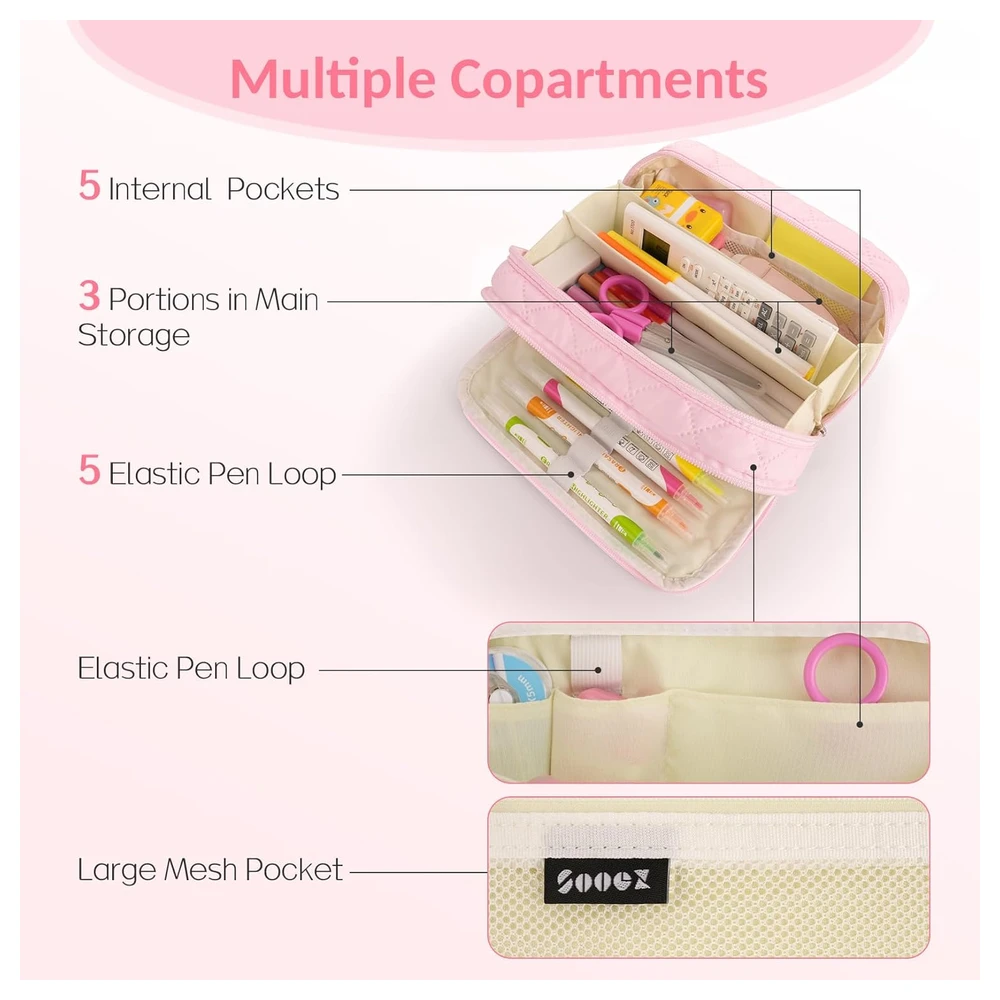 SOOEZ ESTUCHE GRANDE PARA LÁPICES, EXTRA GRANDE CON 8 COMPARTIMENTOS - BEIGE