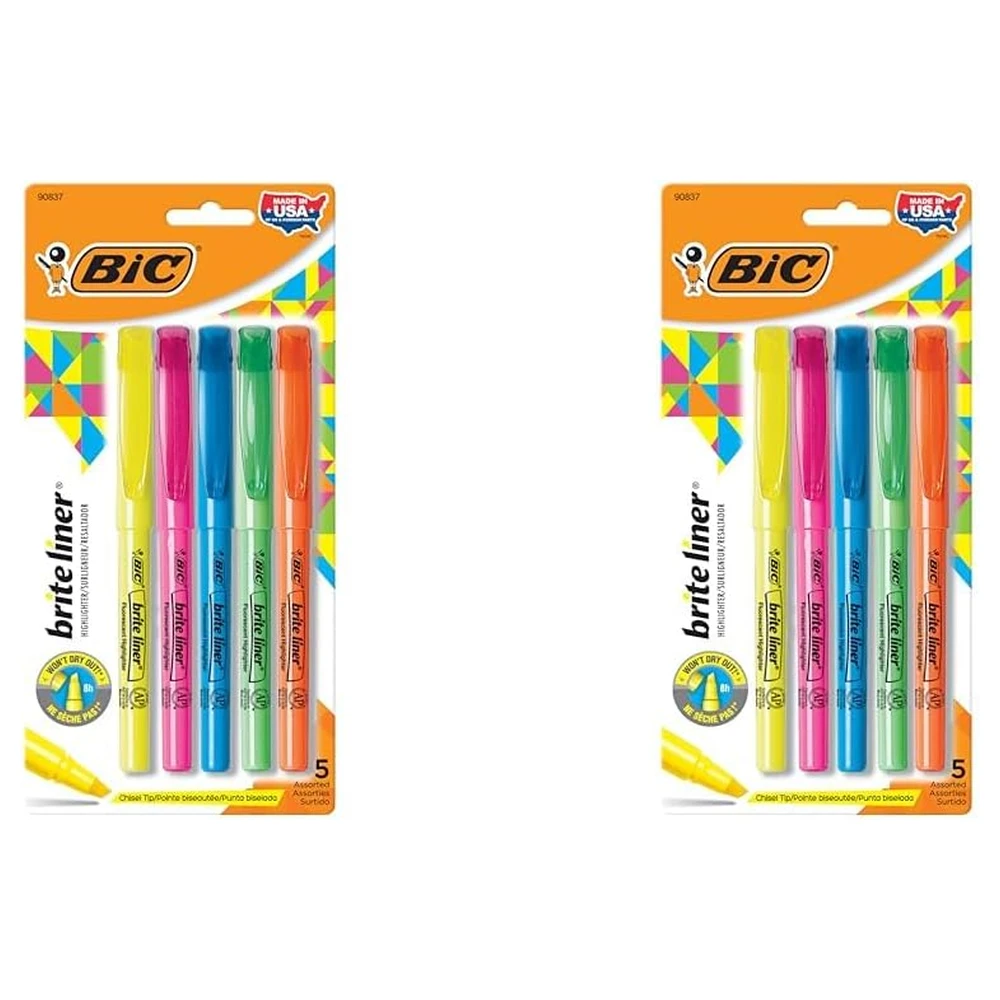BIC BRITE LINER - RESALTADORES, PUNTA DE CINCEL, PAQUETE DE 5 RESALTADORES DE COLORES SURTIDOS, PAQUETE DE 2