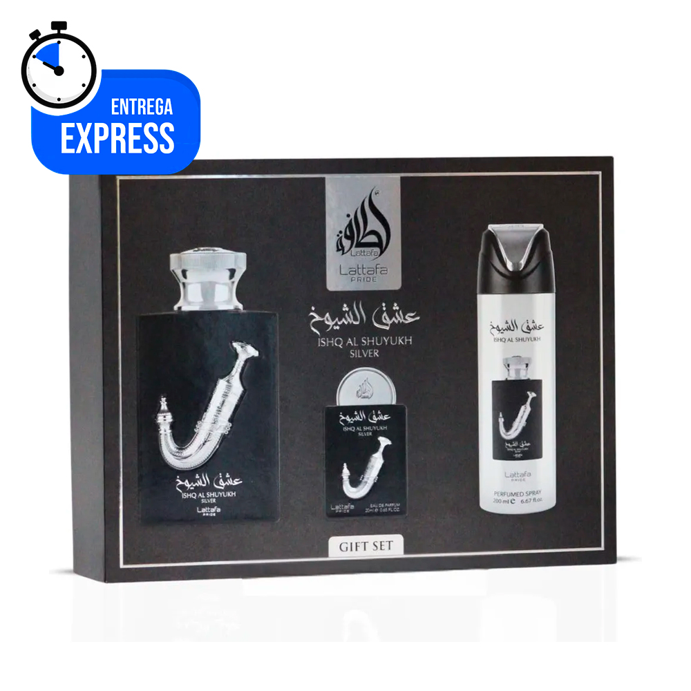 SET DE PERFUME LATTAFA PRIDE ISHQ AL SHUYUKH SILVER EDP 3 PZS HOMBRE
