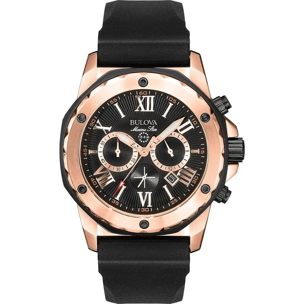 Bulova reloj cronógrafo para hombre Marine Star de acero con cuarzo y silicona | Negro/Oro Rosa