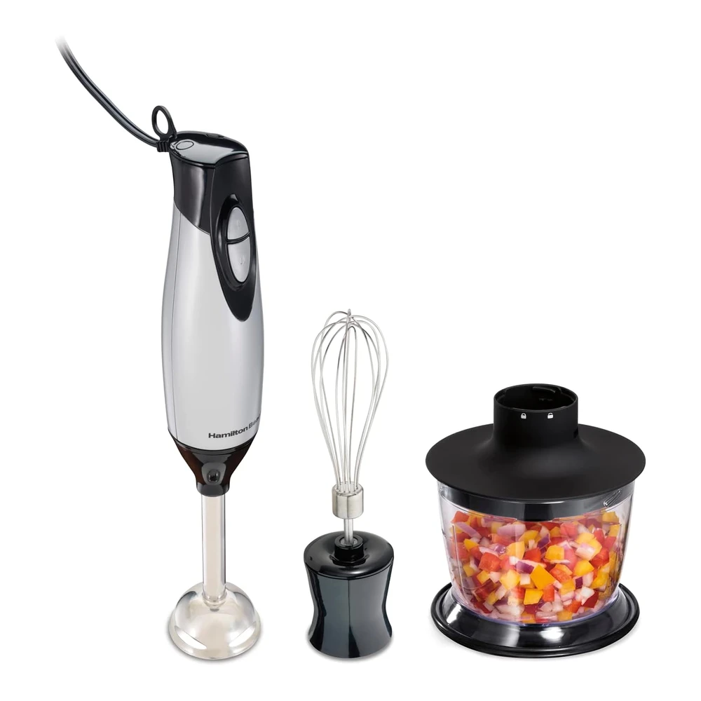 HAMILTON BEACH MULTIPROCESADORA 4 EN 1 – BATIDORA Y PICADOR 3 TAZAS, 2 VELOCIDADES – PLATA/ACERO INOXIDABLE