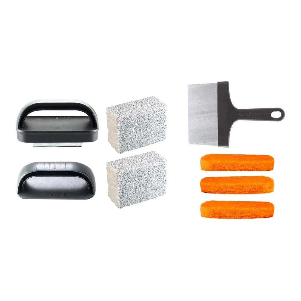 b0049t250g_1.webp Blackstone 5060 Kit de Parrilla y Plancha de 8 Piezas de Accesorios de Parrilla Plana de Primera Calidad - Juego de Herramientas Limpiadoras - 1 Raspador de Acero Inoxidable de 6" - 3 Estropajos - 2 Ladrillos de Limpieza y 1 Mango - Color Negro