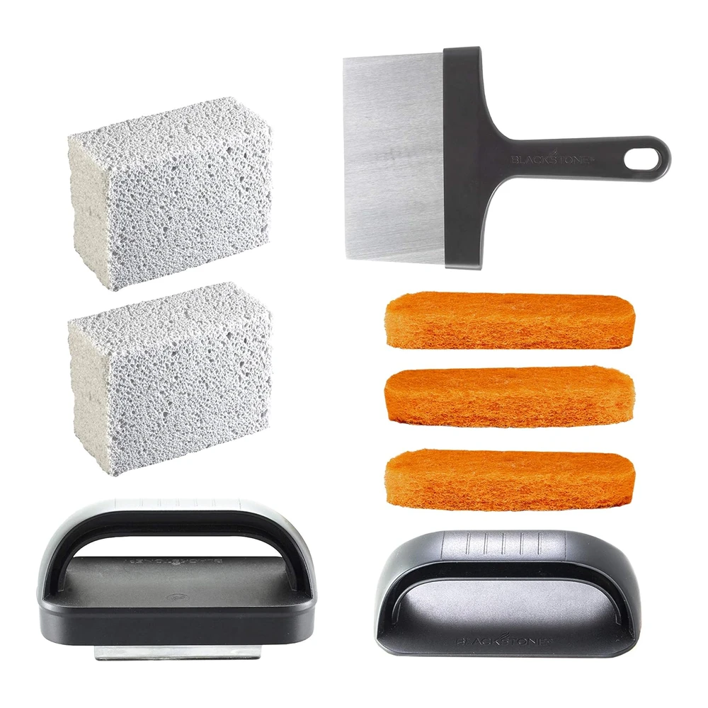 Blackstone 5060 Kit de Parrilla y Plancha de 8 Piezas de Accesorios de Parrilla Plana de Primera Calidad - Juego de Herramientas Limpiadoras - 1 Raspador de Acero Inoxidable de 6" - 3 Estropajos - 2 Ladrillos de Limpieza y 1 Mango - Color Negro