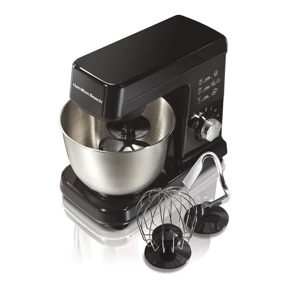 HAMILTON BEACH - MEZCLADOR ELÉCTRICO DE 6 VELOCIDADES CON CUENCO DE ACERO INOXIDABLE DE 3.5 CUARTOS DE GALÓN - MEZCLA PLANETARIA - CABEZAL INCLINABLE (63325) - MOTOR DE 300 W - COLOR NEGRO.