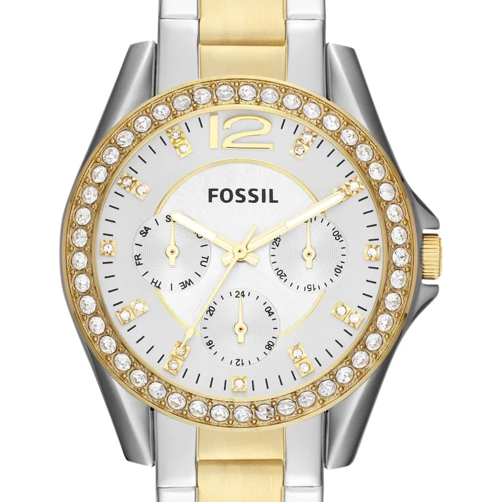 b009beo9du_3_webp.webp Fossil reloj multifunción Riley para mujer, acero inoxidable | Plateado/ Dorado