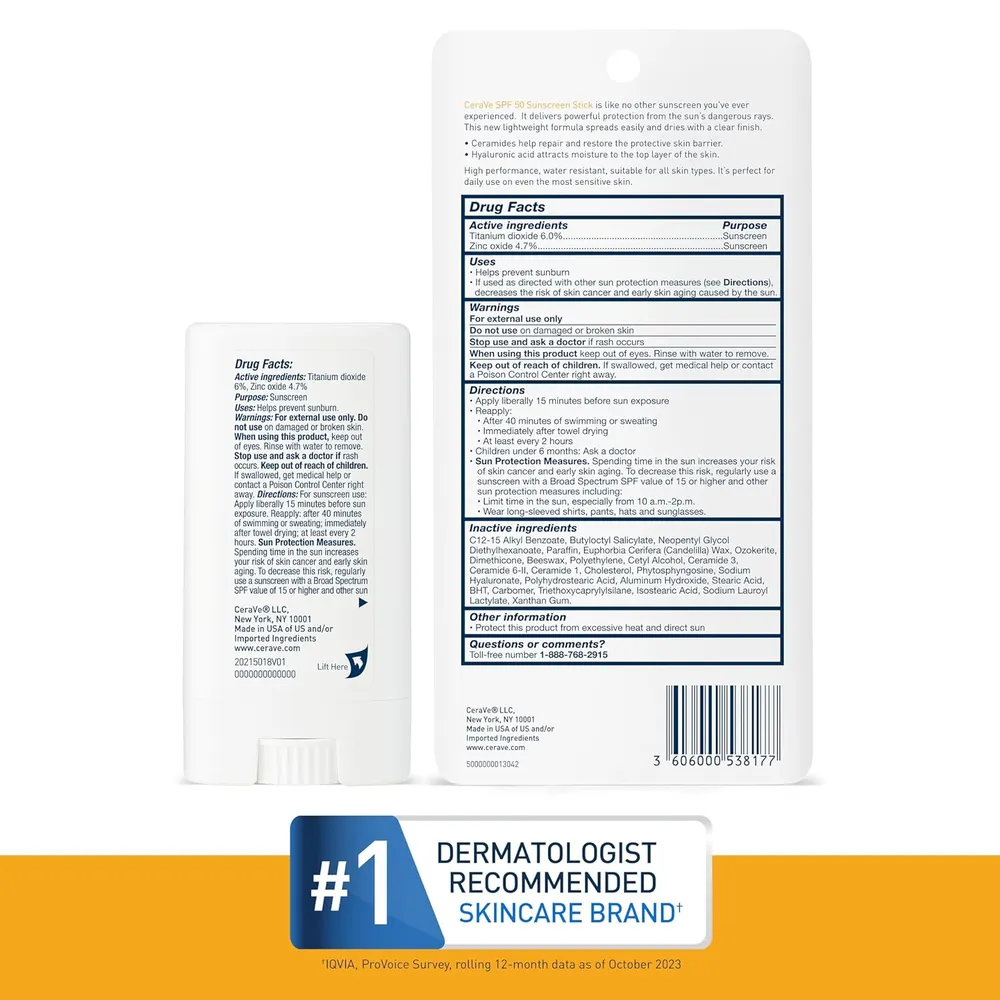 CERAVE PROTECTOR SOLAR EN BARRA FPS 50 - 0.47 OZ / 13 GR
