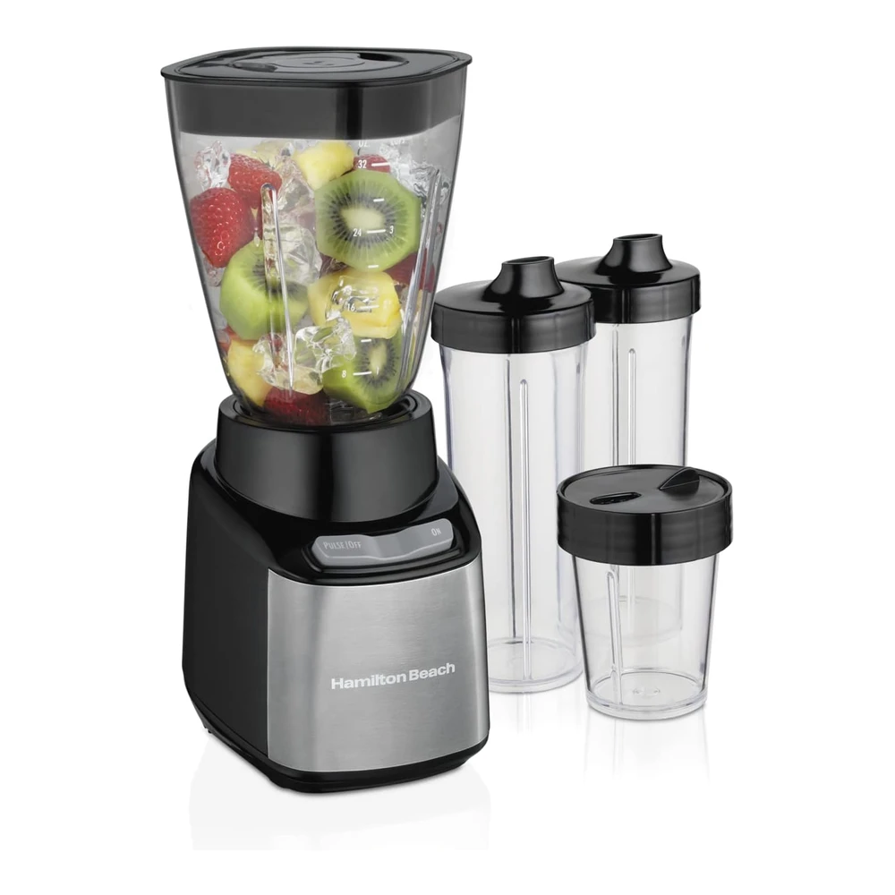 HAMILTON BEACH BATIDORA STAY OR GO CON FRASCO DE 32 ONZAS - MOLINILLO DE 8 ONZAS PARA NUECES Y ESPECIAS Y 2 TAZAS PORTÁTILES CON TAPAS PARA BEBER PARA BATIDOS Y BATIDOS - SIN BPA - NEGRO Y PLATEADO (52400)
