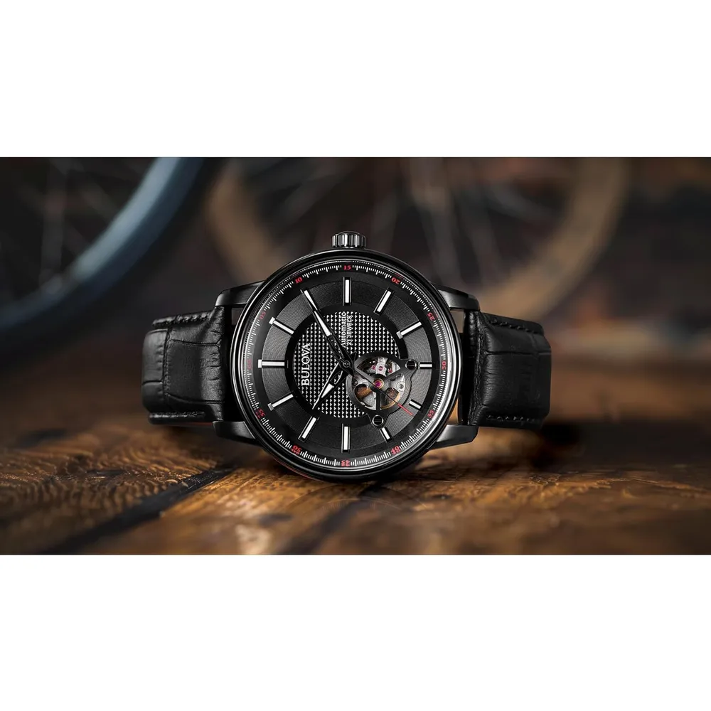 Bulova reloj clásico automático hombre 3 agujas correa piel fondo | Negro